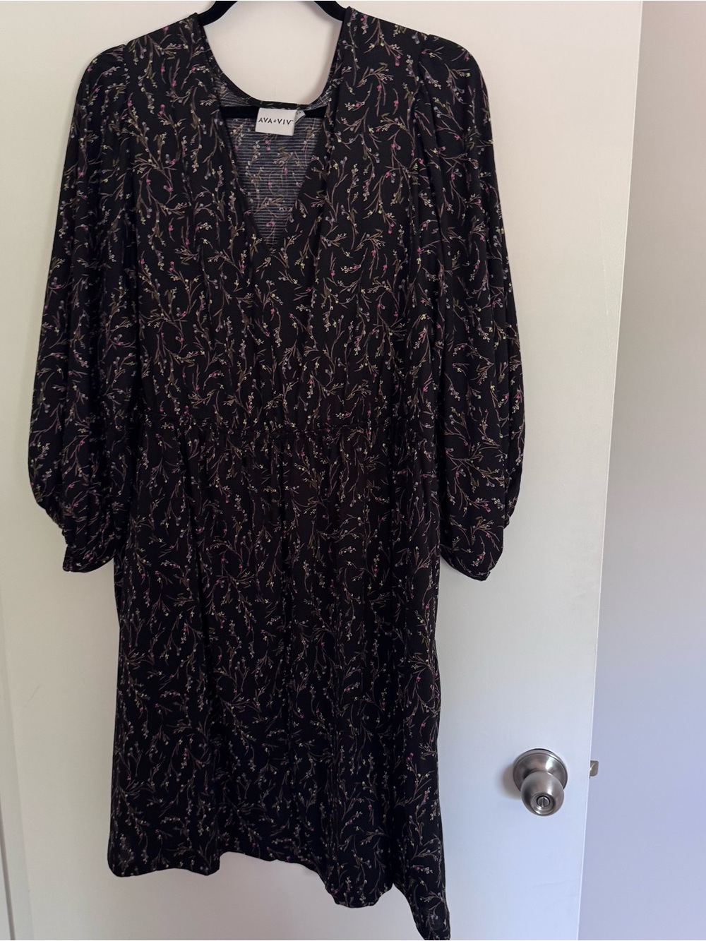 Ava & Viv Black Floral V-Neck Midi Dress with Pink and Cream Accents